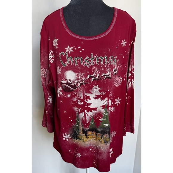 Vtg Red Christmas Pullover Shirt Santa Sleigh Reindeer Rhinestones Snowflake - Picture 6 of 16
